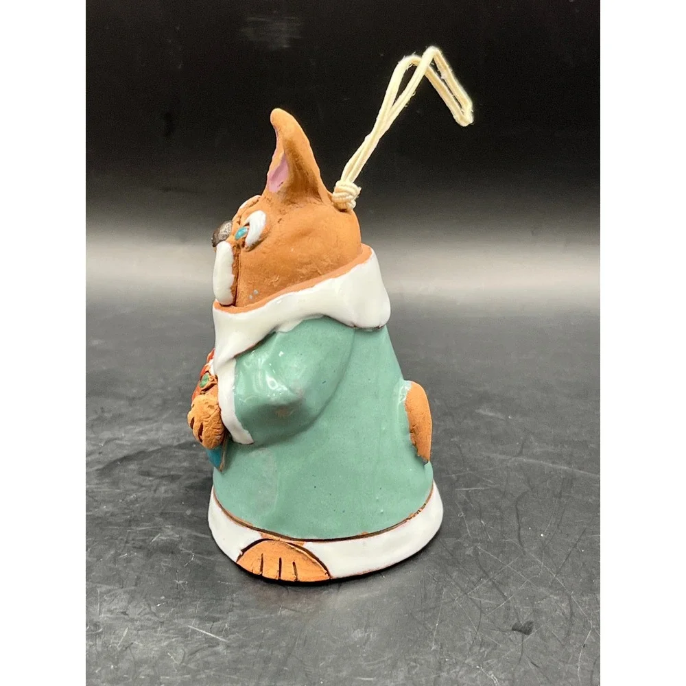 Vtg. Clay Glazed Pottery Bunny Rabbit Figurine Bell Ornament Teal Fruit‎ 3.25